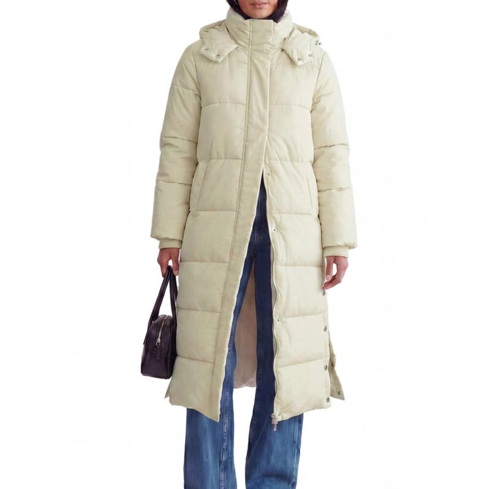 Women Winter Cotton Buttoned Slit Hem Long Puffer Parka White